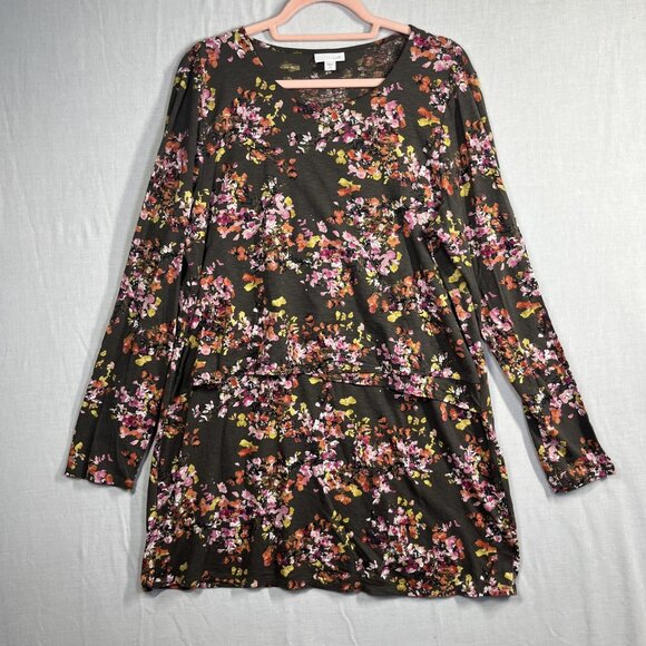 J Jill Dress Womens Large Tall Brown Floral Long Sleeve Drop Waist Stretch Tunic - Picture 1 of 8